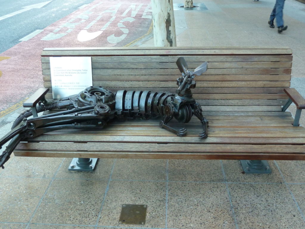 Metal kangaroo on bench