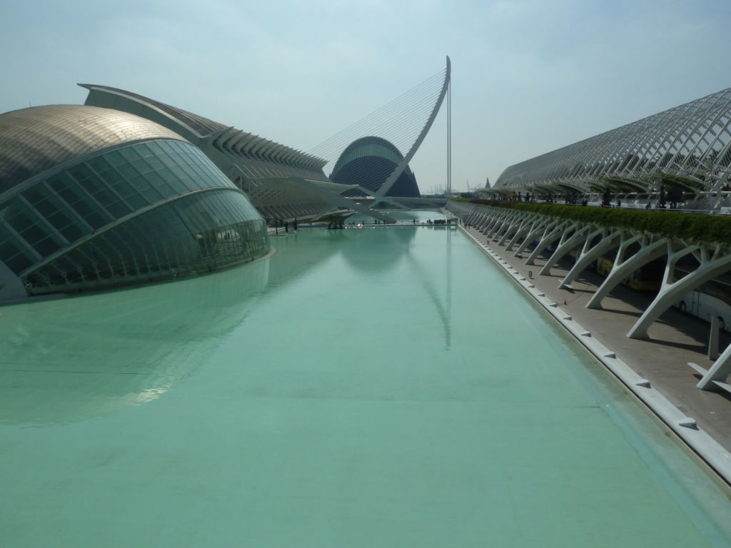 Futuristic buildings by water