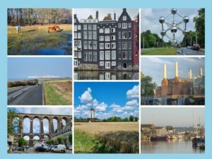 A collage of different buildings and structures