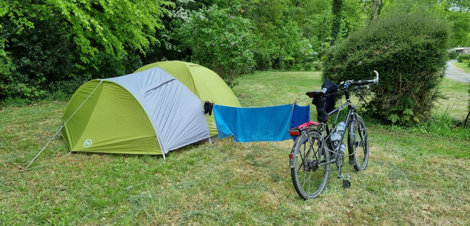 Bicycle and tent by trees